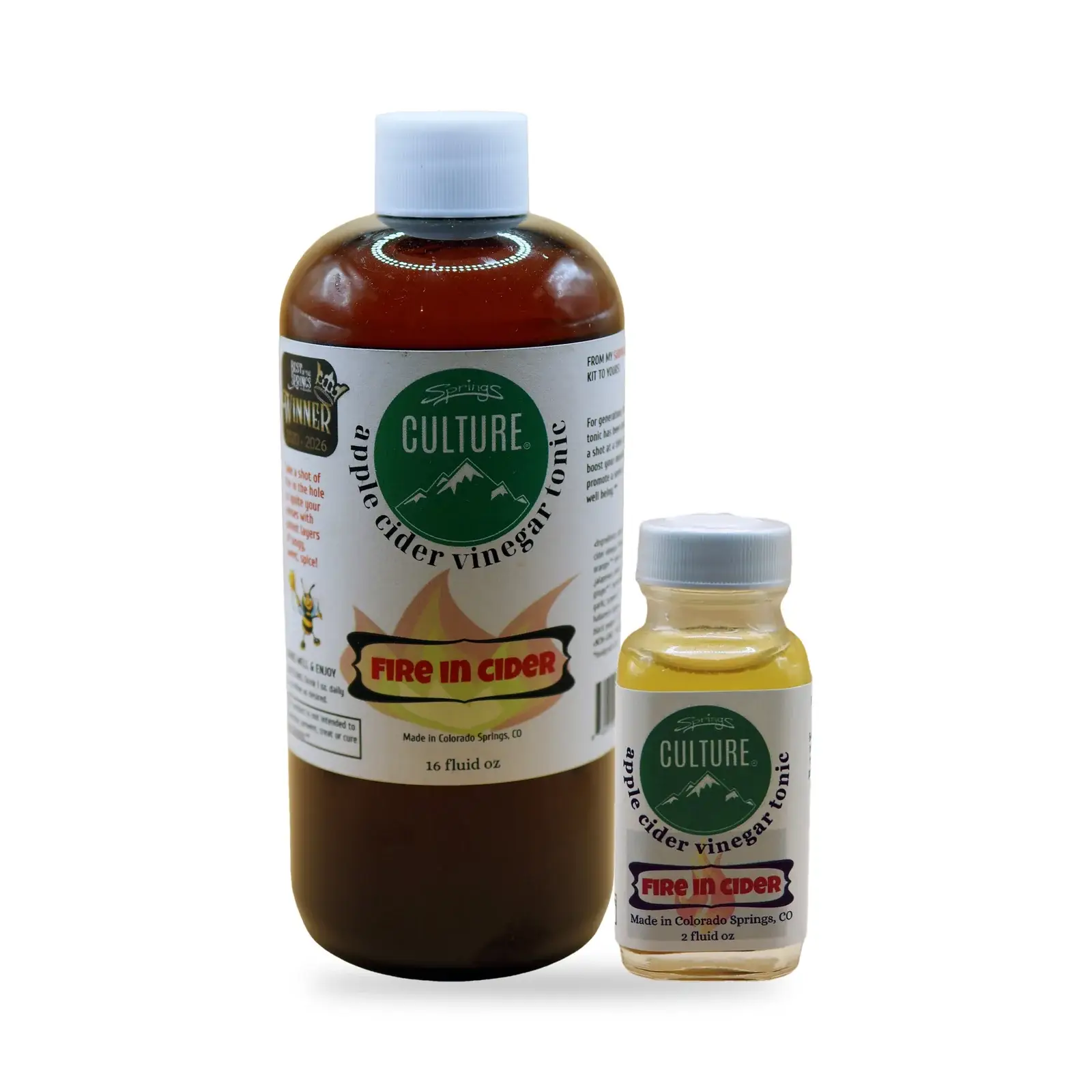 Fire In Cider apple cider vinegar tonic in 16 oz and 2 oz bottles