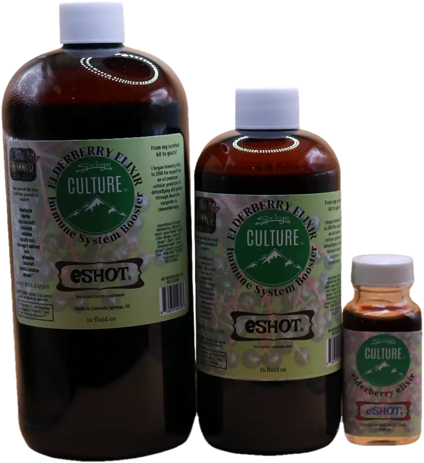 Elderberry Elixir eSHOT in 32 oz, 16 oz and 2 oz bottles