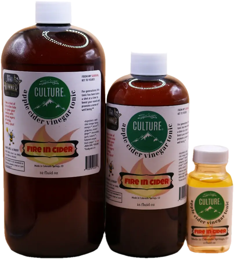 Fire In Cider apple cider vinegar tonic in 32 oz, 16 oz and 2 oz bottles