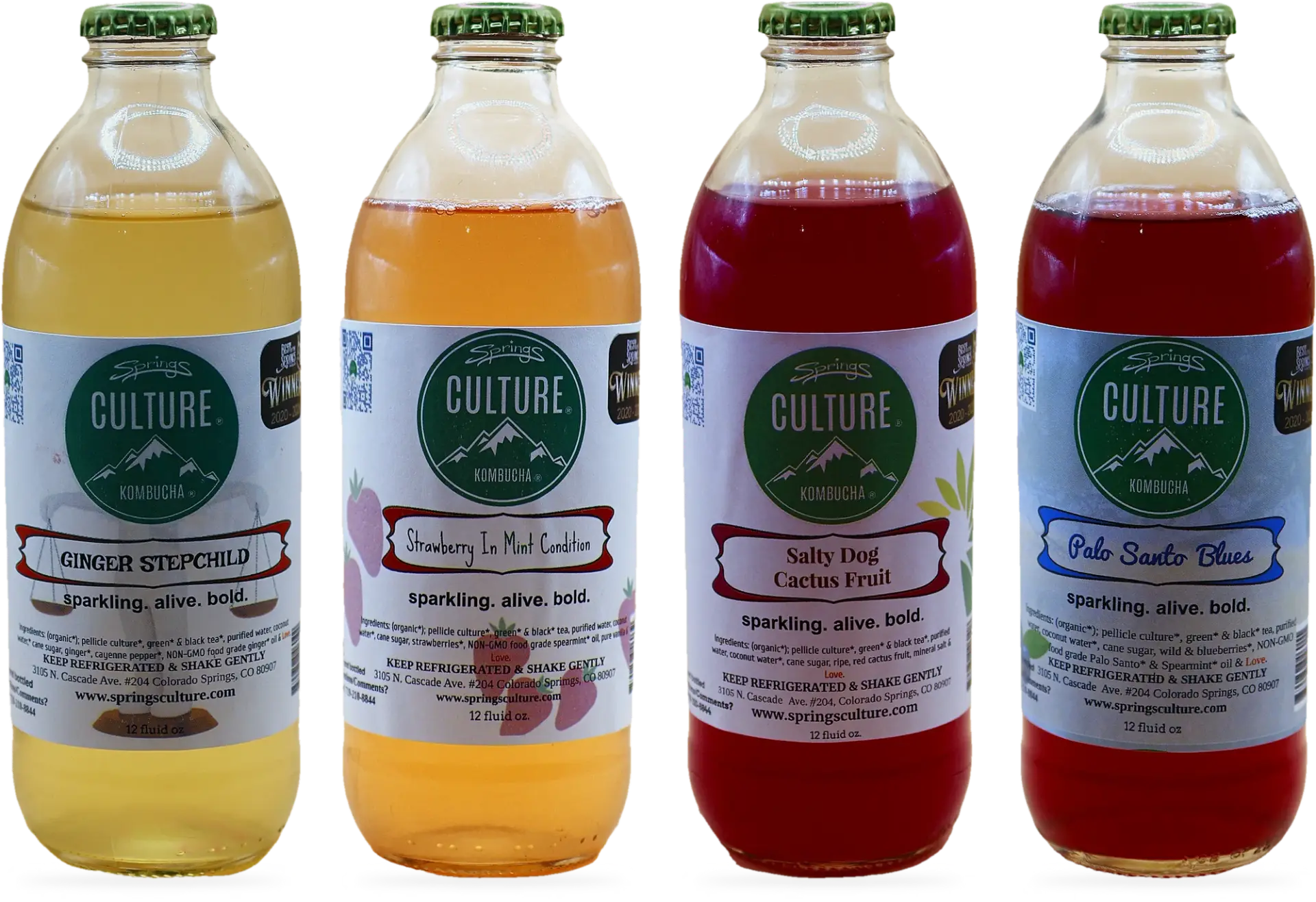 The four original Springs Culture kombuchas: Ginger Stepchild, Strawberry In Mint Condition, Salty Dog Cactus Fruit and Palo Santo Blues